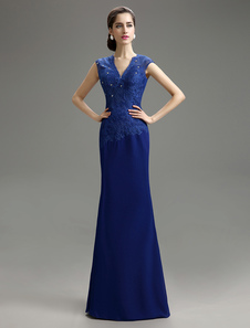 Robe mère de mariés bleue royale de col V avec dentelle