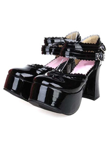 Brillant noir Lolita sandales poney haute talons plateforme cheville bretelles boucles