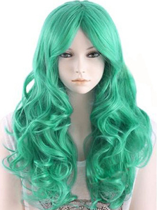 Perruque longue verte ébouriffée frisée à raie au milieu