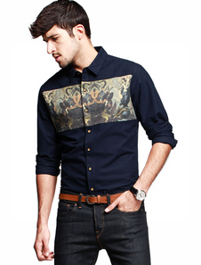 Chemise en coton mélangé bleu imprimé artistique