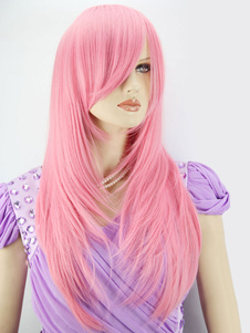 Perruque longue rose mélange droite avec frange oblique