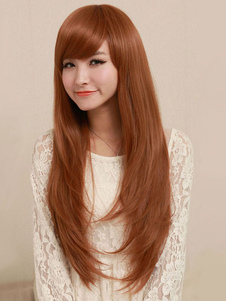 Perruque longue ligne droite côté balayé Bangs