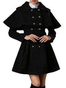 Manteau en laine noir unicolore avec cape amovible