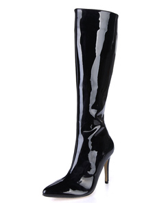 Bottes à talon aigu en PU verni noir