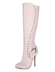 Bottes à talons aigus en PU beige avec rivet