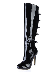 Bottes à talon aigu en PU verni noir avec noeuds