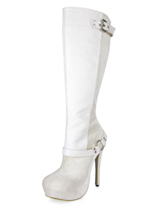 Bottes à talon aigu en PU ivoire bicolore avec zip