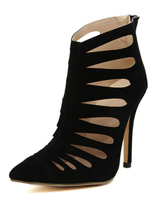 Bottine à bout pointu et talon aigu en micro daim noir creusé