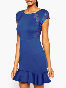 Robe bodycon bleue unicolore avec dentelle à volant