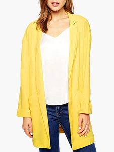 Blazer féminin long jaune en coton mélangé unicolore
