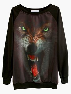Sweat-shirt en polyester noir imprimé de loup