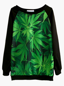 Sweat-shirt en polyester noir imprimé de feuilles