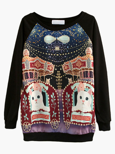 Sweat-shirt en polyester noir imprimé de chats blancs