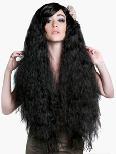 Perruque longue frisée noire brunâtre ébouriffée boucles petites