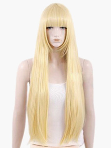 Perruque longue droite or ébouriffée en fibre frange droite