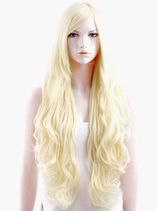 Perruque longue frisée dorée claire avec frange oblique