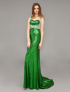 Robe de soirée A-ligne avec paillettes vertes à bretelles