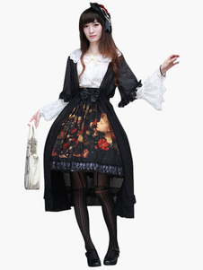 Jupe lolita noire en coton imprimé fleuri avec noeud