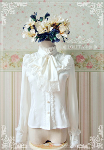Lolita de mousseline de soie blanche Blouse manches longues col haut gros noeud papillon dentelle