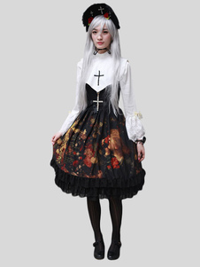 Robe lolita à bretelles noire imprimée fleurie avec noeud