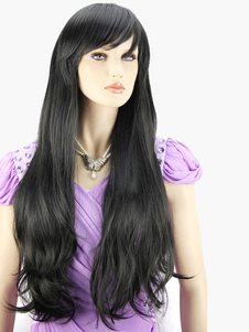 Perruque longue noire ébouriffée en fibre boucles en bas