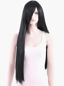 Perruque longue noire droite en fibre avec frange oblique
