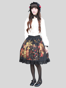 Jupe lolita noire en coton imprimé fleuri à volant vertical