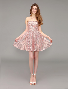 Robe de bal A-ligne avec paillettes rose hors de l'épaule