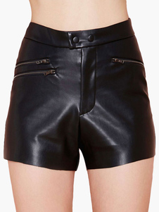 Short féminin en PU noir unicolore avec zip à taille naturelle