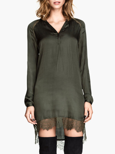 Robe droite verte forêt unicoloreasymétrique avec dentelle