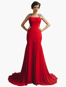 Robe de soirée sirène rouge avec paillettes à bretelles