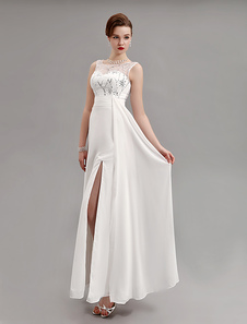 Robe de soirée A-ligne en chiffon ivoire fendu avec paillettes