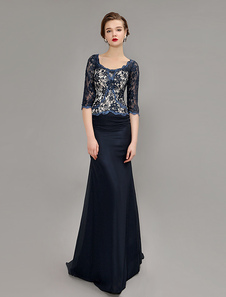 Robe mère de mariés en chiffon bleu marine foncé avec perles