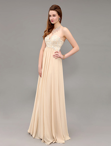 Robe de soirée en chiffon champagne avec perles