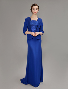 Robe mère de mariés bleue royale à bretelles avec dentelle