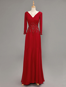 Robe mère de mariés A-ligne en chiffon bordeaux col V longueur plancher