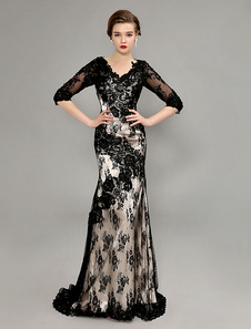 Robe mère de mariés en dentelle noire avec perles