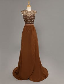 Robe mère de mariés en chiffon marron avec perles