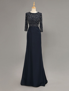 Robe mère de mariés en chiffon bleu marine foncé avec perles