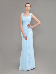 Robe de soirée en chiffon bleu ciel clair avec pan latéral