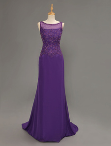 Robe mère de mariés en chiffon violet bleuâtre avec perles