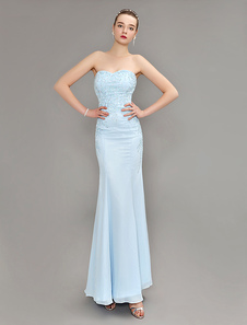 Sirène robe de soirée Pastel bleu Party robe bustier perles étage longueur robe de bal en mousseline