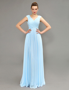 Robe de soirée en chiffon bleu ciel clair avec perles