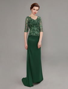 Robe mère de mariés en chiffon vert foncé avec applique