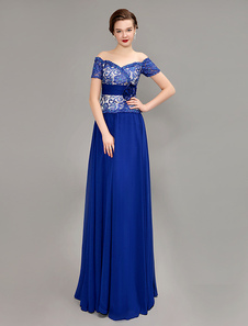 Robe mère de mariés en chiffon bleu royal hors de l'épaule