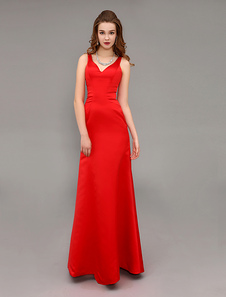Robe de soirée en satin rouge col V longueur plancher