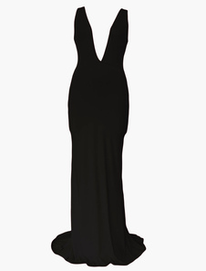 Robe longue en polyester unicolore moulant à col V