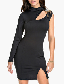 Mini robe en polyester noir unicolore fendu à col roulé