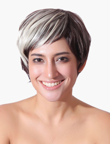 Perruque courte bicolore en fibre avec frange oblique