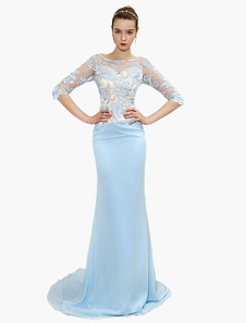 Robe de soirée sirène en chiffon bleu ciel clair brodé à licou